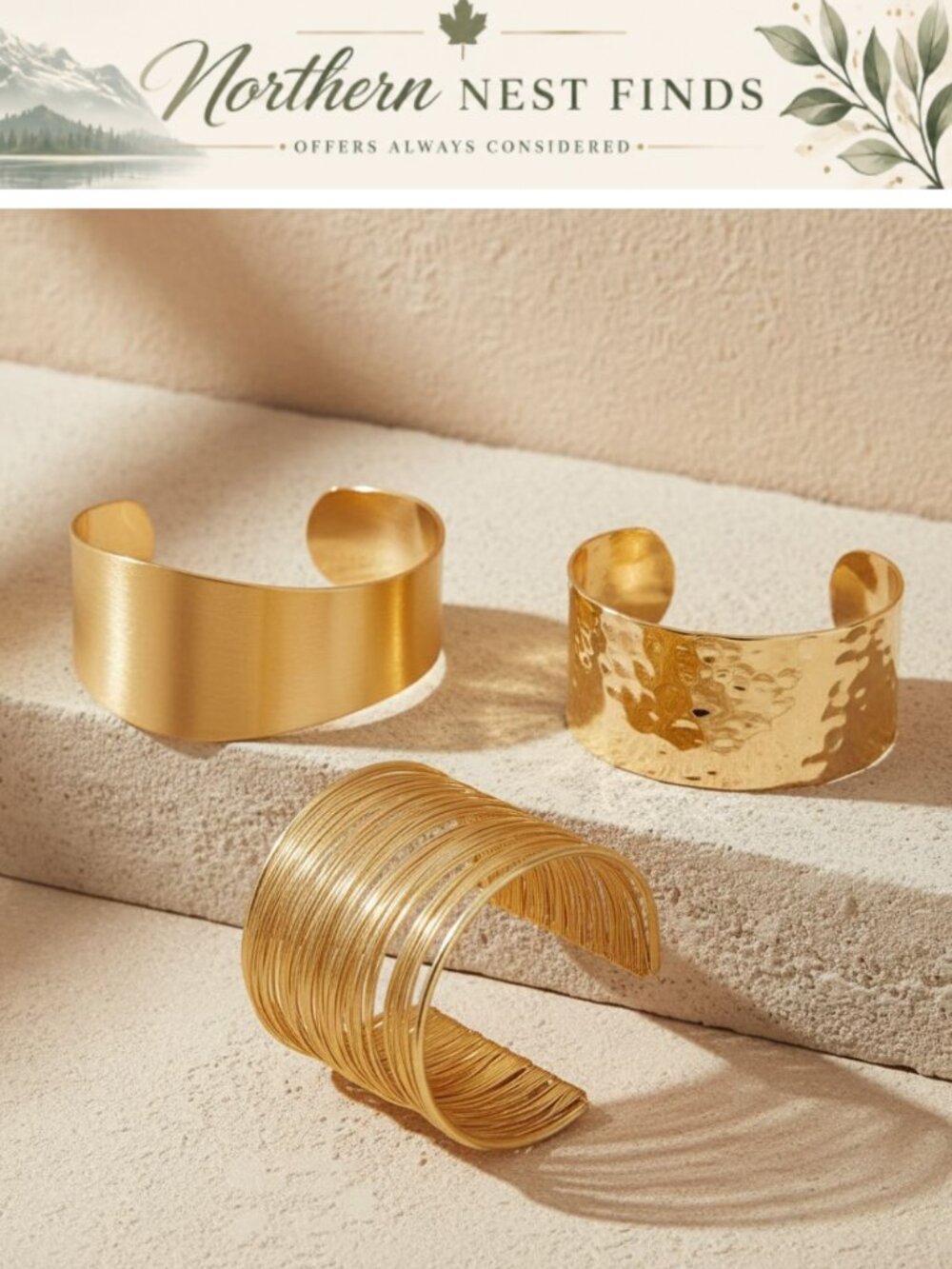 Gold Tone Iron Open Cuff Bangle Bracelet Set 3 Piece Layering Stackable
